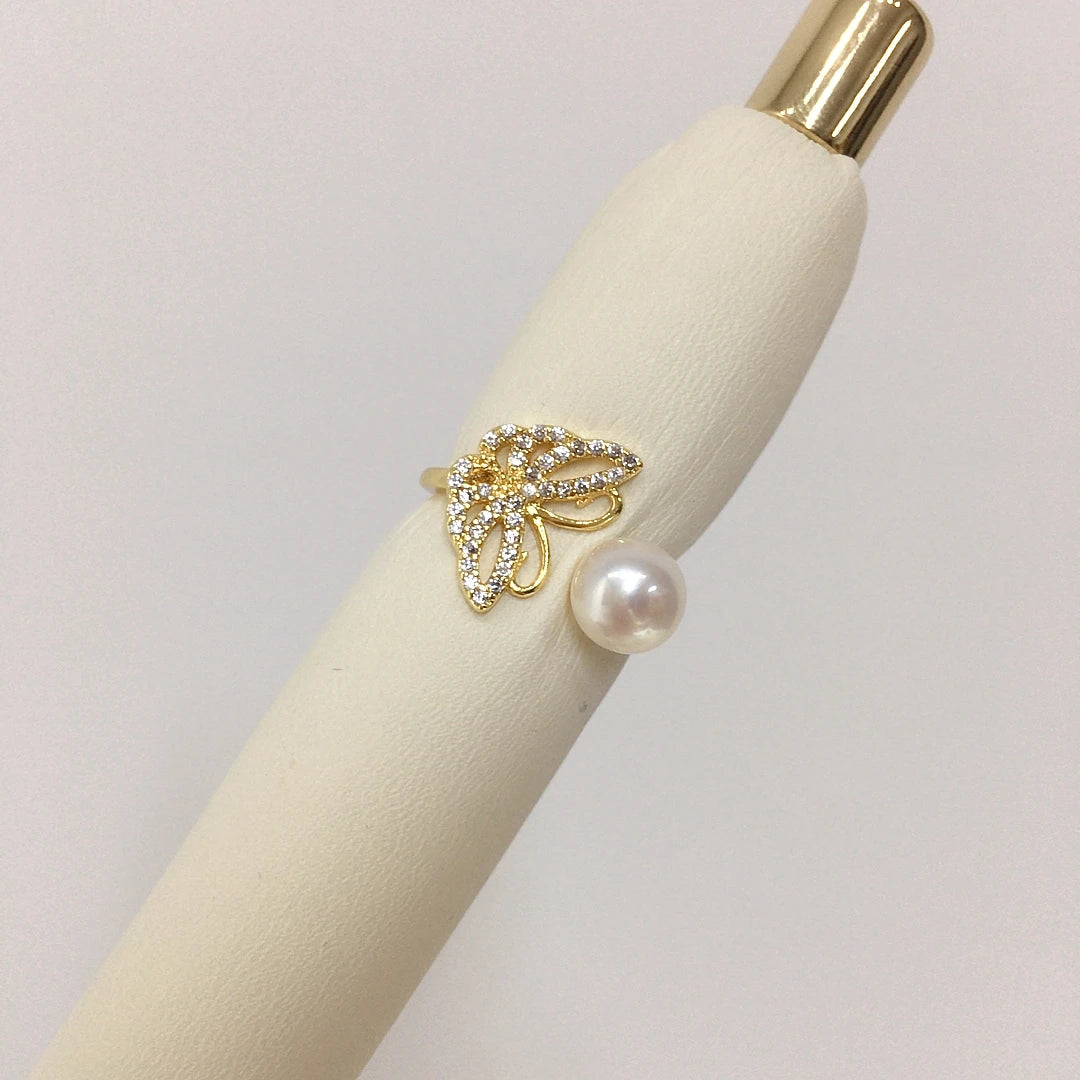 18k Gold Plated Retro Zircon Butterfly Open Ring Natural Freshwater Pearl Jewelry for Women