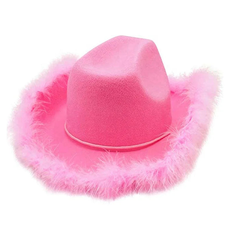 Cheap Promotional Custom Pink Western Cowgirl Hats for Women Girl Rolled  Fedora Hat Party Feather Edge Beach Cowboy Hat