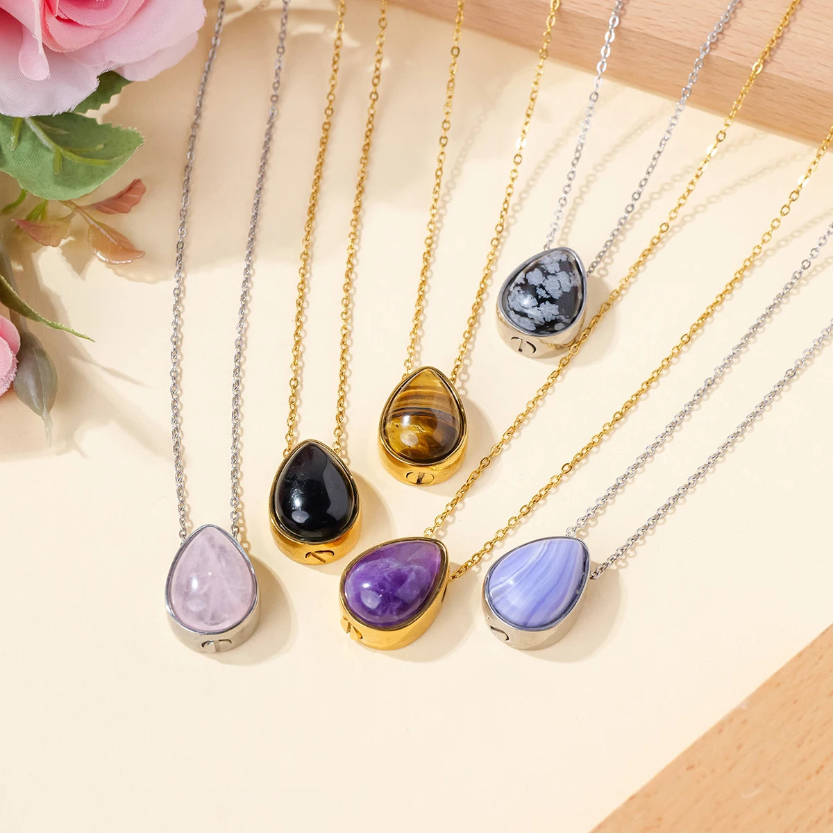 Wholesale natural healing crystal stainless steel necklace Crystal water drop oil Ashes container commemorate pendant crafts