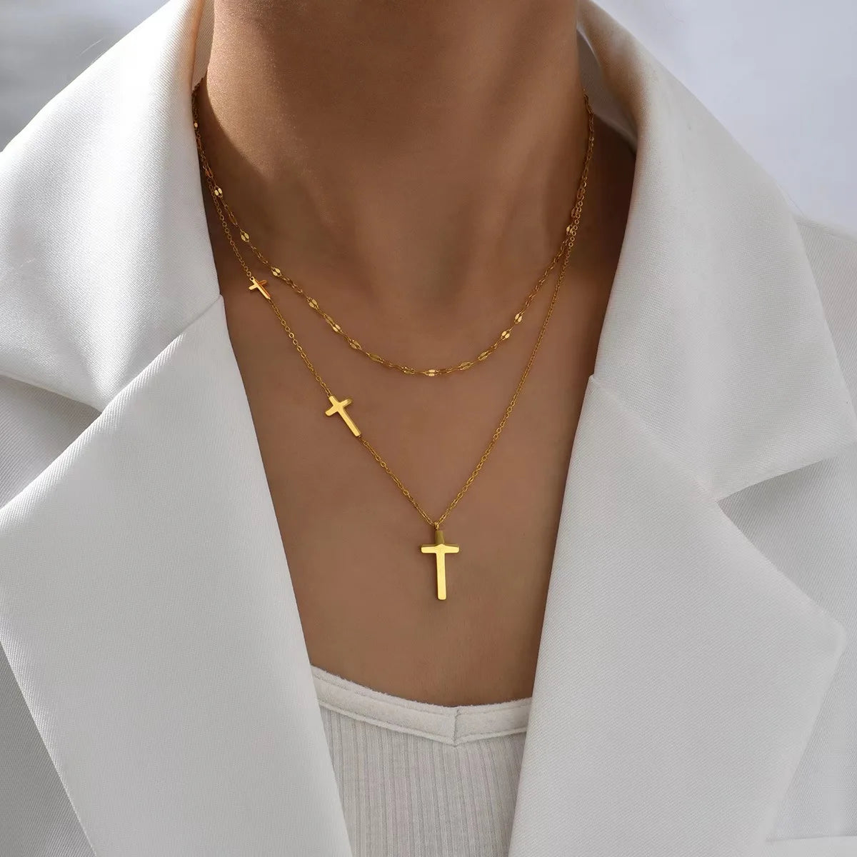 Nabest Stainless Steel Double Layers Cross Pendant Necklace Jewelry Women PVD Plated Fashion Necklaces