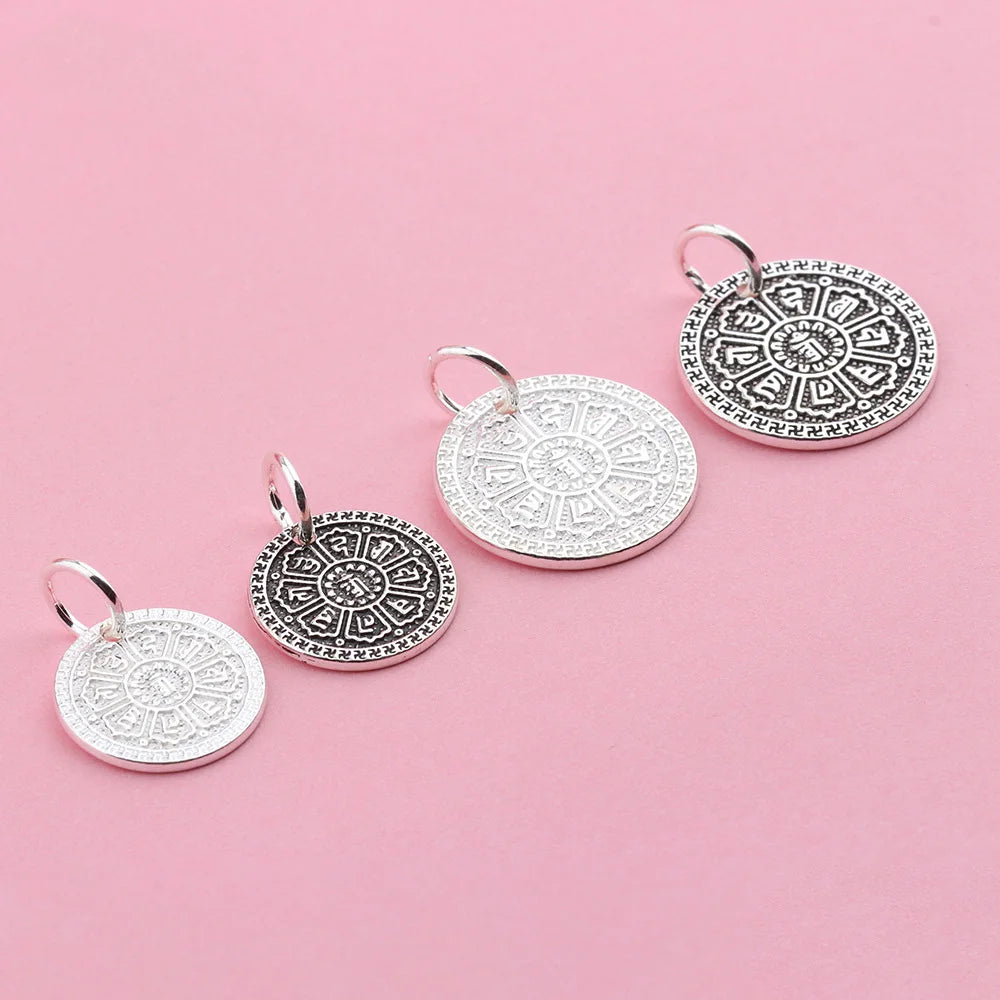14mm 18mm Big Retro Fine 925 Antique Silver Engraving Sanskrit Flat Round Pendant for Jewelry Making