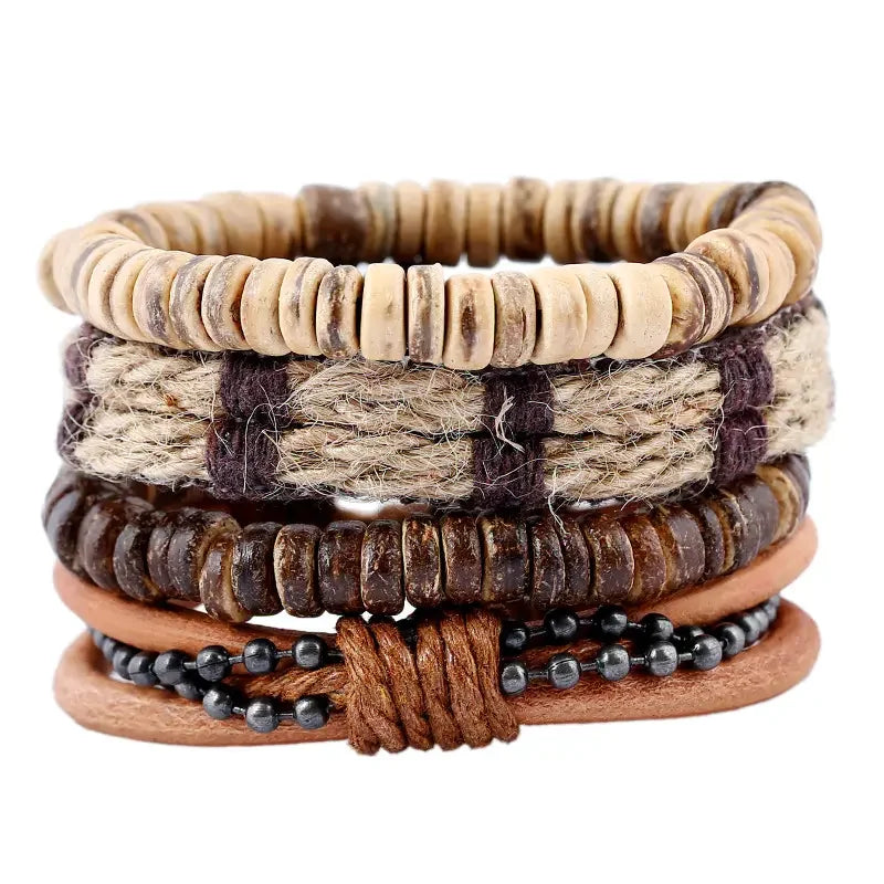 Wholesale Retro Vintage Jewelry Bracelet Men Leather Bracelet 4-piece Bracelet Sets Coconut Shell Beaded Wristband for Men Women
