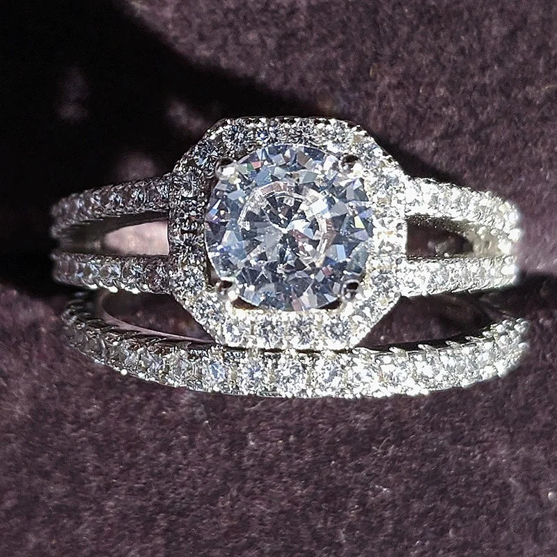 CAOSHI 2pcs Round Cut 4A Zircon 925 Silver Plated Promise Bridal Wedding Women Rings Sets