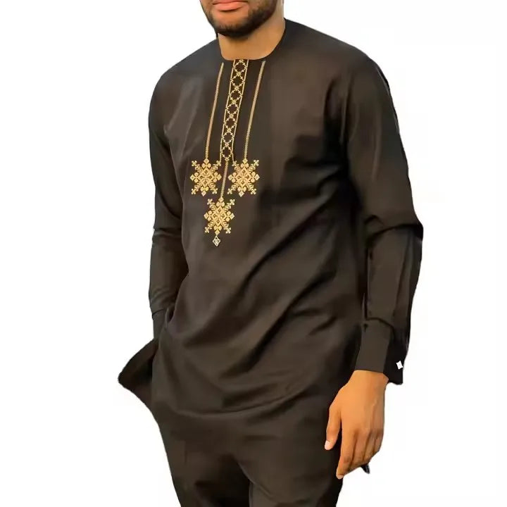 New African Ethnic Style Oversized Suit  M-4XL Men's Embroidery Shirt and Solid Color Drawstring Pants 2-piece Suit
