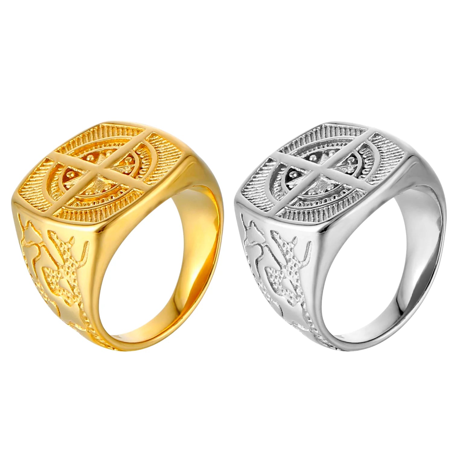 2024 New Arrival Antique Jewelry 18K Gold Plated Stainless Steel Vitruvian Compass Signet Men Compass Ring Men Cross Rings