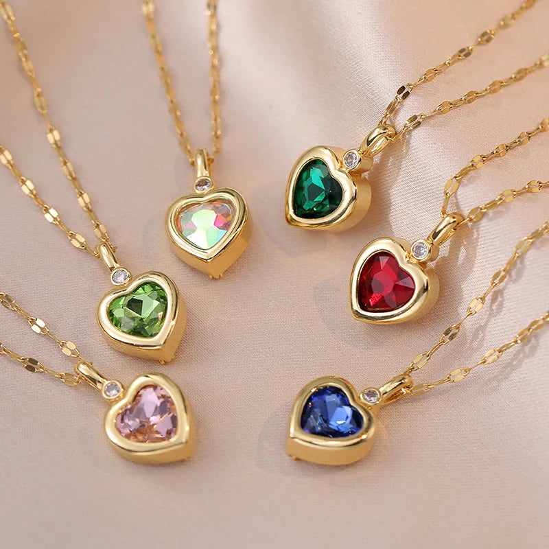 Fine Pink Red Crystal Cubic Zircon Heart Shaped Necklace Gold Plated Stainless Steel Heart Pendant Necklace for Girls Gift