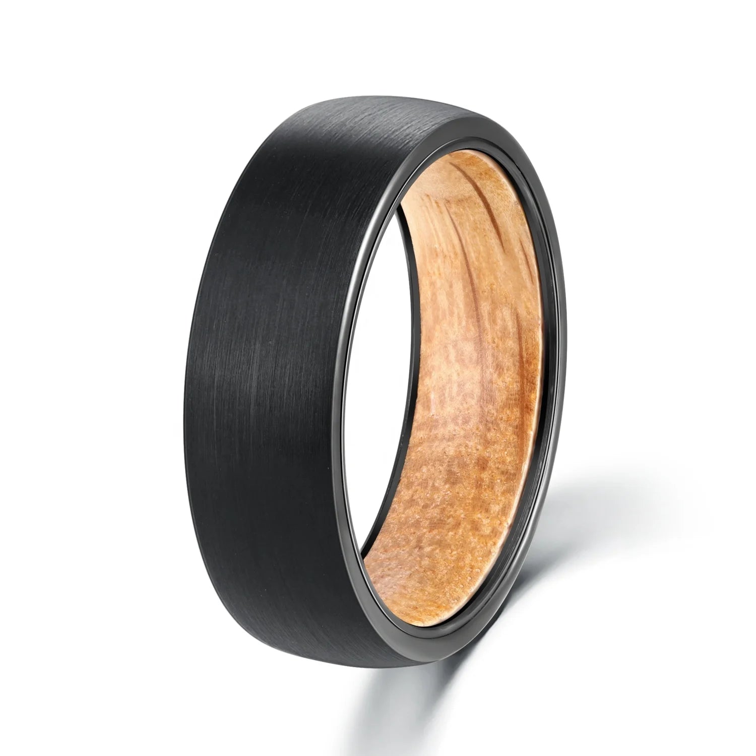 POYA 7mm Black Tungsten Rings Inlay Oak Barrel Wood Sleeve Matte Finished Wooden Rings for Men