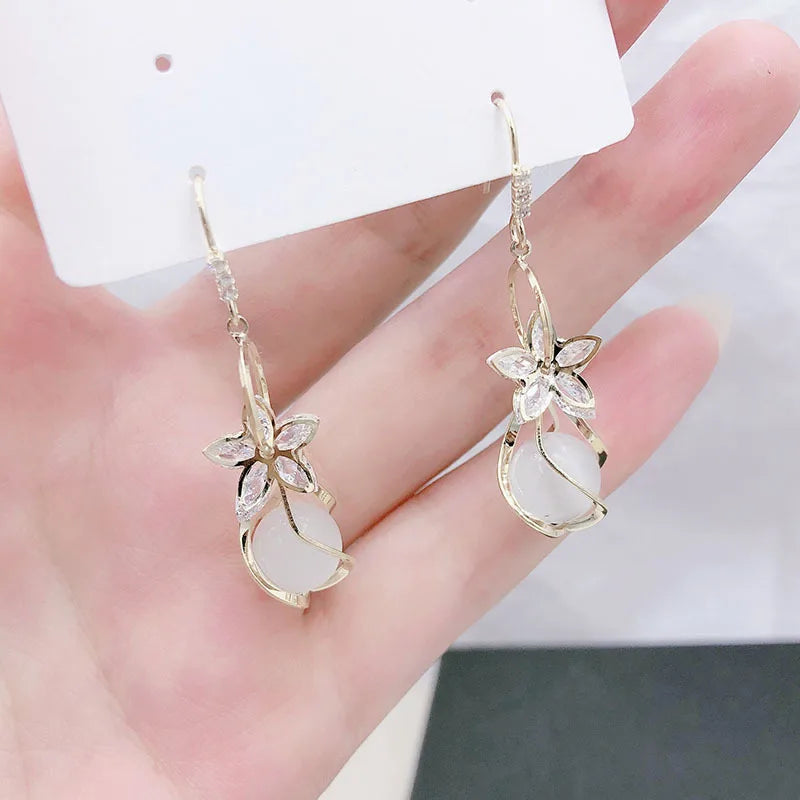 Temperament Flower Opal Earring 2021 New Diamond Petal Ear Hook Individual Character Earring Female Oriental Classical Earring