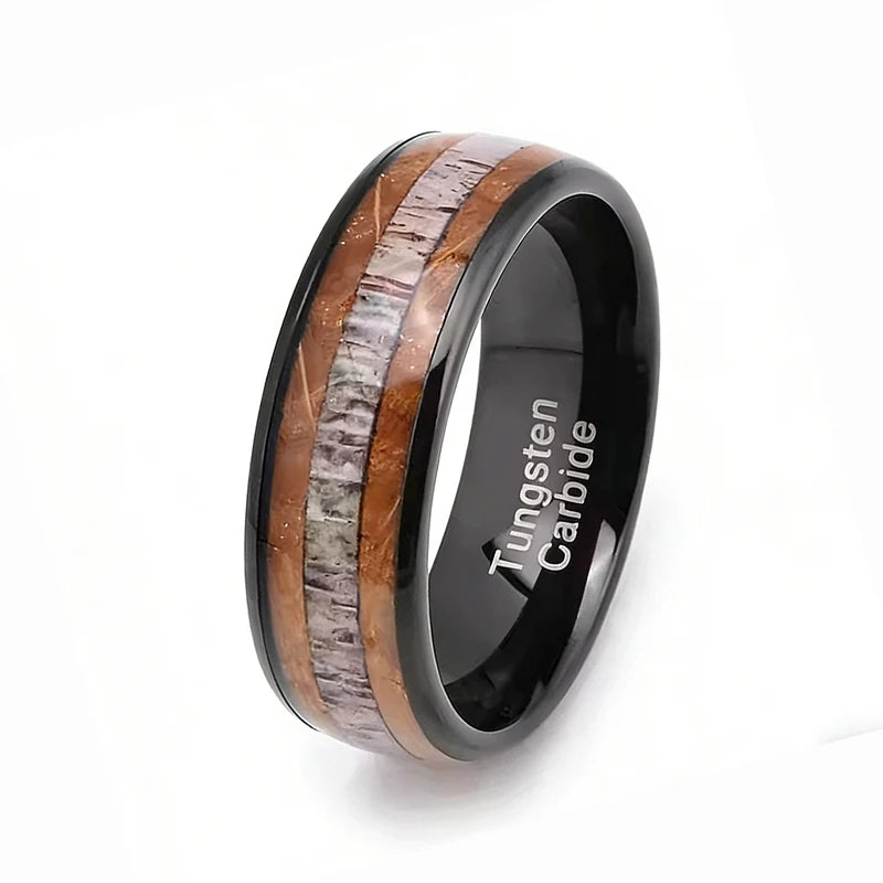 8mm Black Tungsten Wedding Ring Comfort Fit Whiskey Barrel Wood Deer Antler Inlay Unisex for Children Engagement Party Jewelry