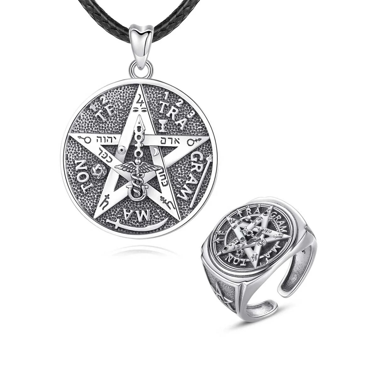 Wholesale Vintage Viking Tetragramaton Pentagram Element Open Ring and Pendant Jewelry Sets for Men