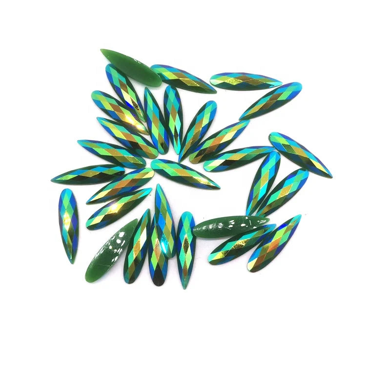 1500pcs/bag 9*36 mm Matte Green AB Flatback Teardrop Sew on Resin Stone for Carnival Costumes Decoration