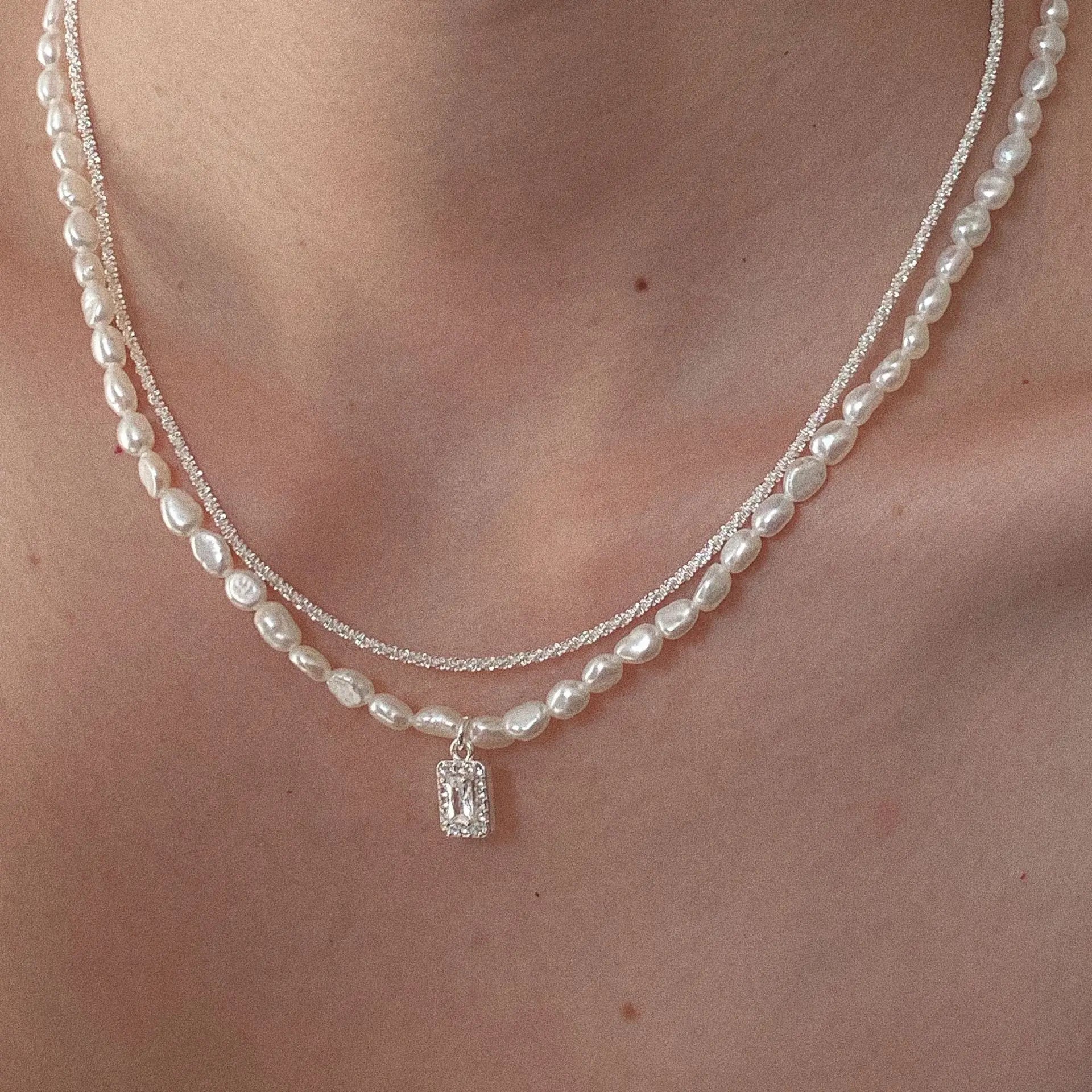 Fashion Jewelry Cubic Zirconia Rectangle Pendant Necklace Natural Freshwater Pearl Choker Necklace for Women