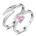 Light Luxury Rhodium Plated Rings Pink Crystal Adjustable Wing S925 Silver Rings for Couple