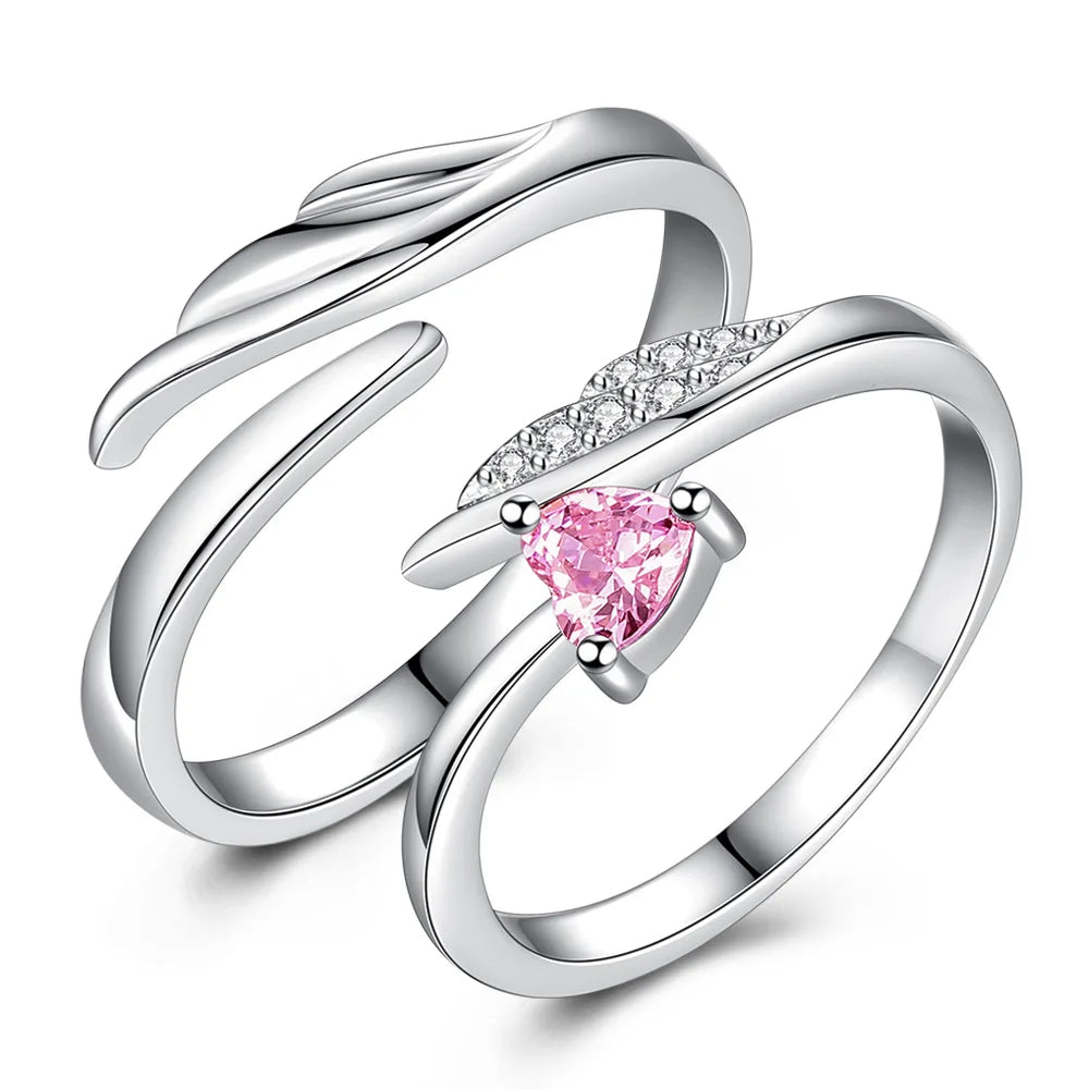 Light Luxury Rhodium Plated Rings Pink Crystal Adjustable Wing S925 Silver Rings for Couple