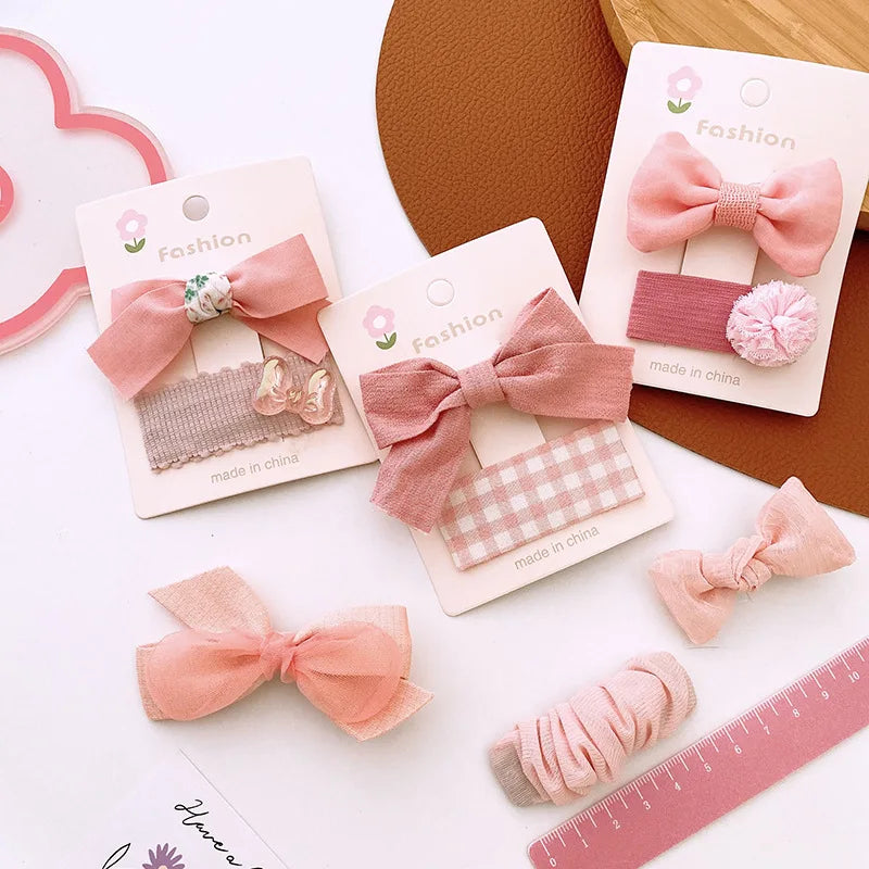 MIO 2pcs/ Set Sweet Pink Hair Clip Flower Bowtie Shape Duck Bill BB Clip Girls Glitter Pearls Mesh Hairpins Sets