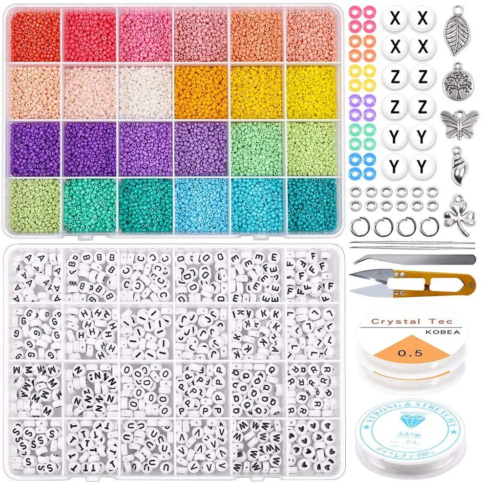 2mm Solid Mixed Color for DIY Beading Bracelet Making Kit With Fixed Letters Beads Set for Kids With Scissors