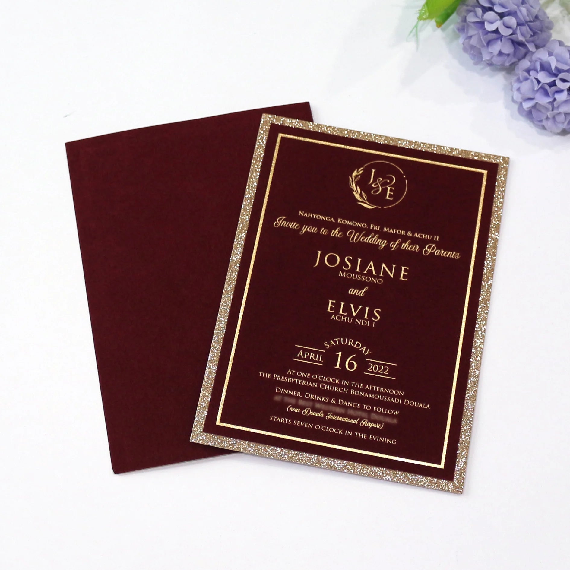 Luxury Burgundy velvet and Gold Glitter Invitation Card for Wedding and Birthday Velvet Invitation Card with Velvet Envelope