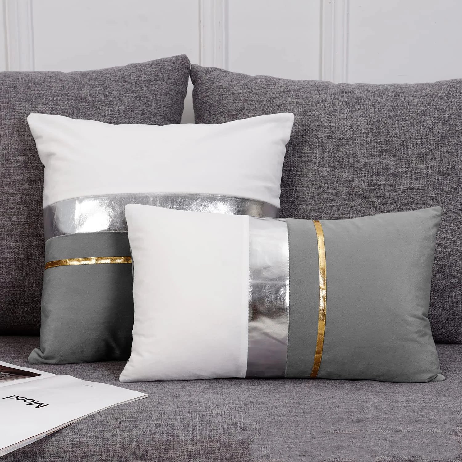 Light Luxury Geometric Striped Gold and Silver Stitching Polyester/PU Throw Pillowcase Cushion Cover for Hospital & Home Use