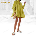 Ladies Spring Summer Dress Custom Long Sleeve Pure Green Button Mini Skirt Pleated Loose Casual Women Shirts Short Dresses
