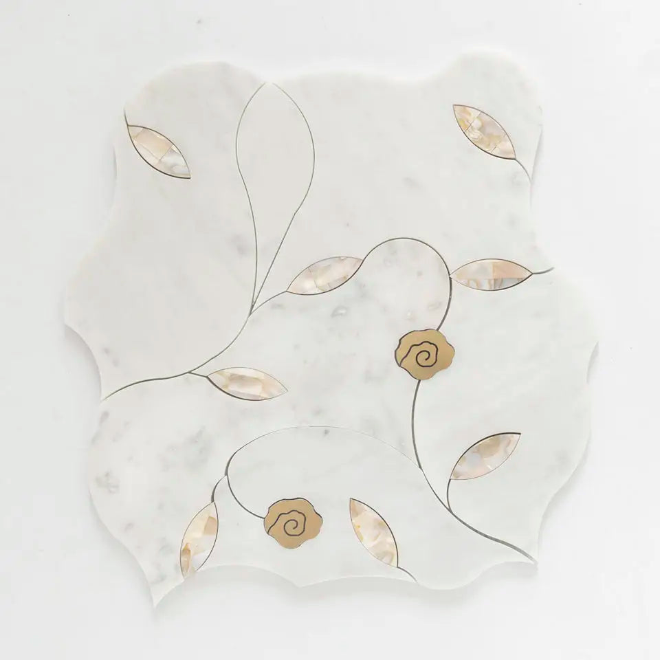 Modern 10mm Thick Waterjet Stone Mosaic Brass Inlay Parquet Mother Pearl Shell Marble Art for Bathroom Floor Kitchen Backsplash