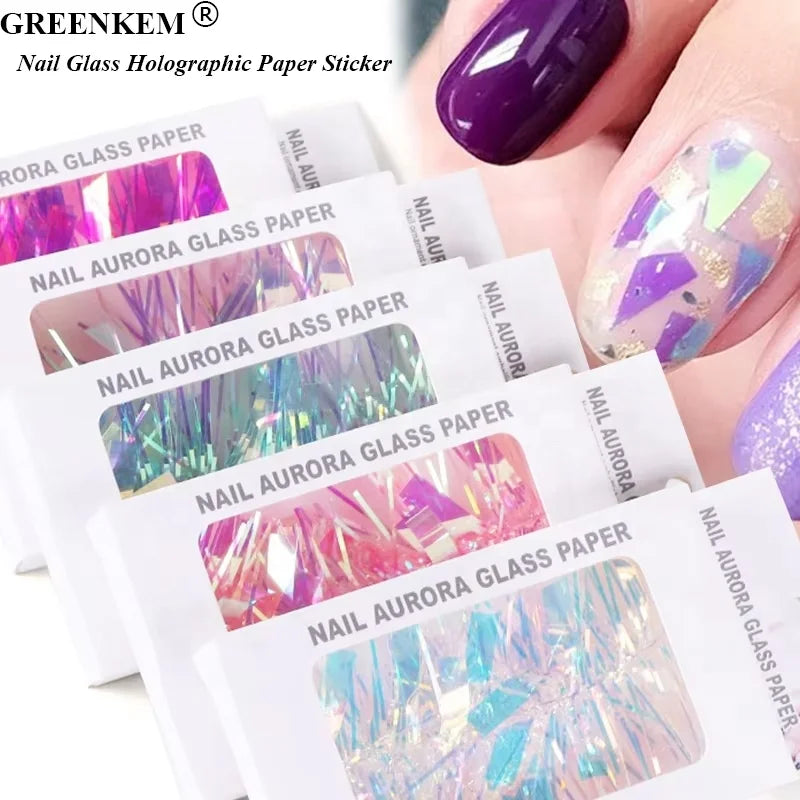 GREENKEM Glass Film Paper Foil Decals 3D Laser Strip Nail Decoration Nail Art Broken Glass Holographic Paper Sticker