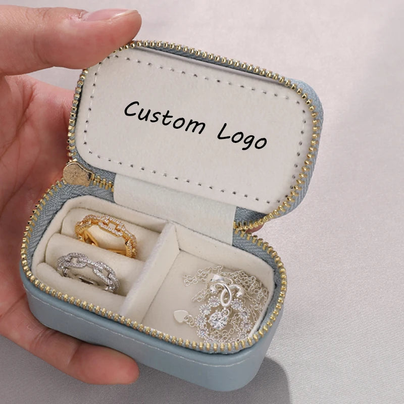 Custom Logo Portable Small Leather Travel Organizer Elegant Ring Earring Jewelry Box with Mirror Mini Jewellery Storage Case