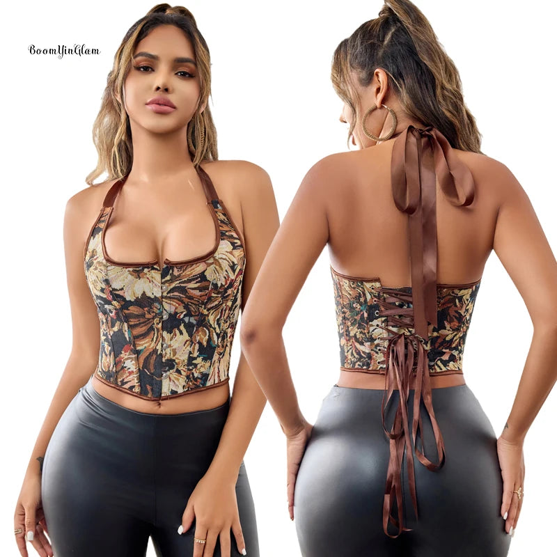 Women's Vintage Court Bustier Breathable Halter Lace Body Shaping Corset U Neck Front Tie Floral Vest Tops