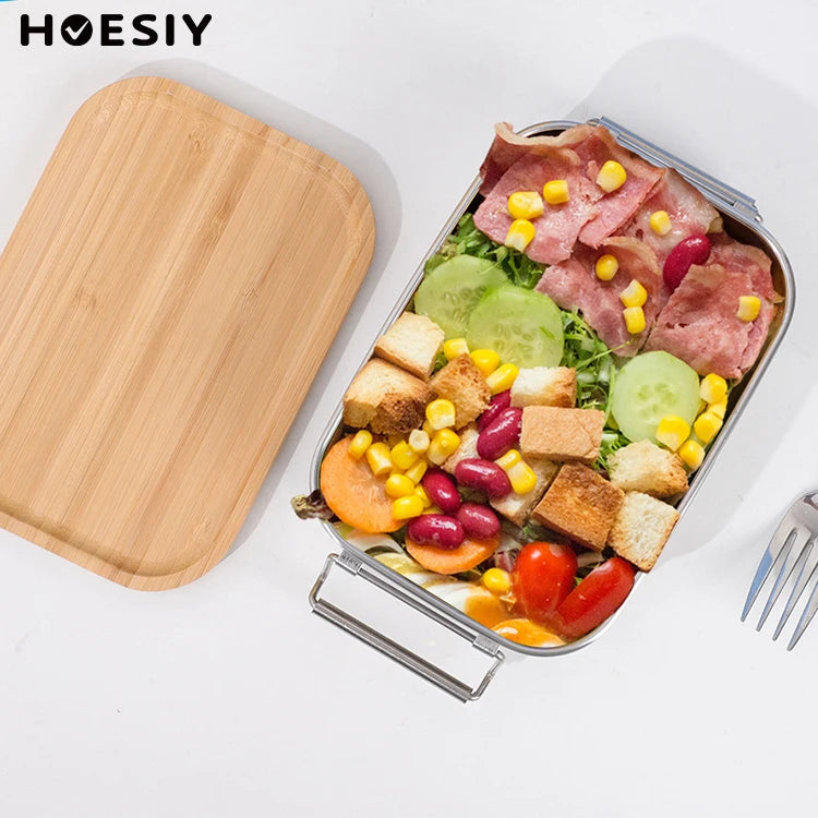 Eco-Friendly 2 Buckles Wooden Lid Bento Box Dishwasher Safe 304 Stainless Steel Bamboo Lunchbox for School Kids Adults Heatable