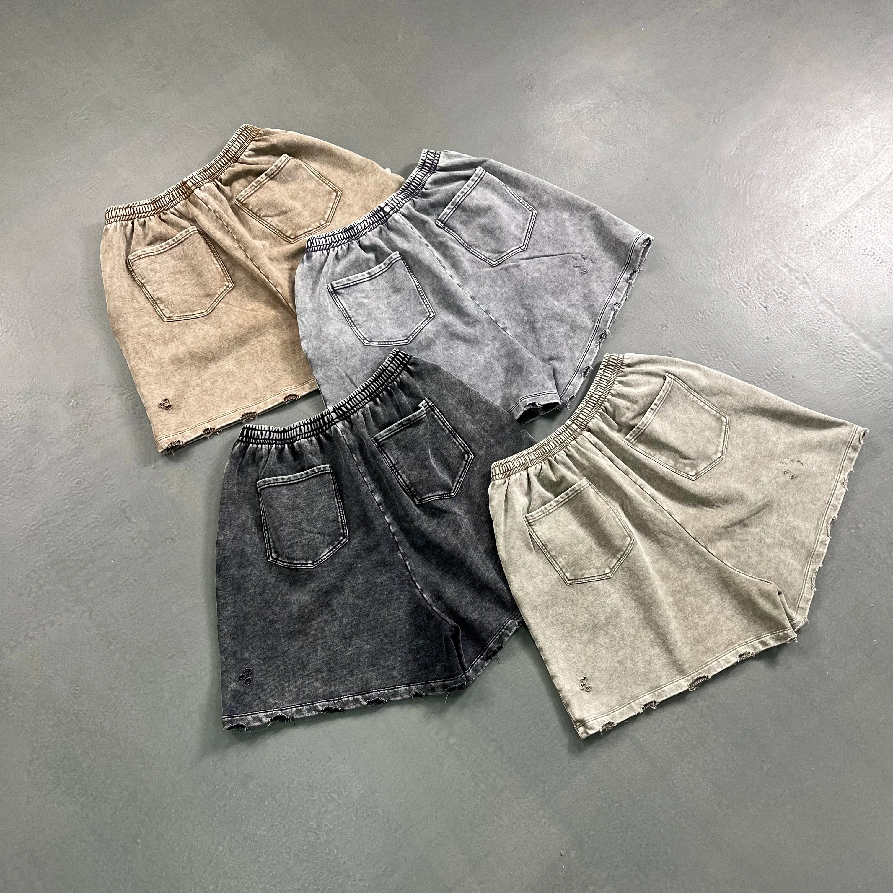 OEM Summer Casual Sun Faded 400 Gsm Sweat Short Pants Custom Men Cotton Vintage Acid Wash Rip Distressed Oversize Baggy Shorts