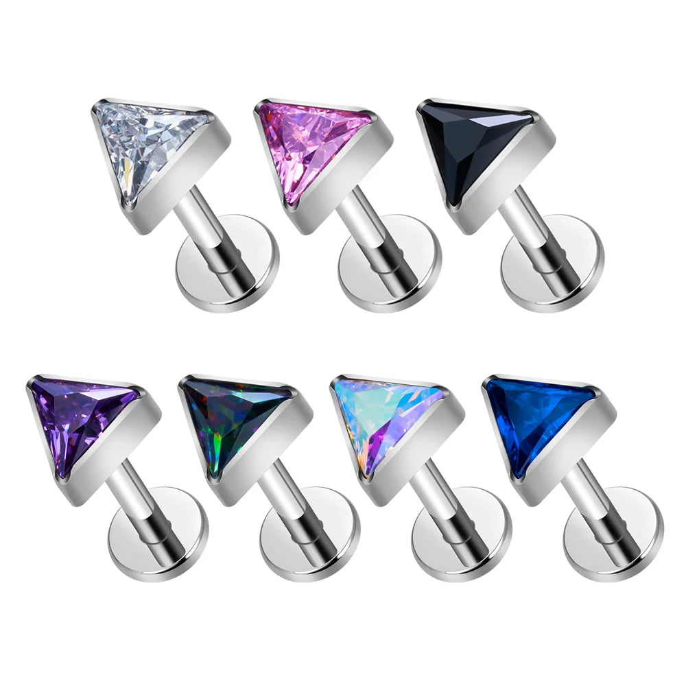 G23 ASTM F136 Titanium Piercing Triangle Shape Zircon Inlay Earrings Nose Stud 16G Ear Tragus Helix Cartilage Piercing Jewelry