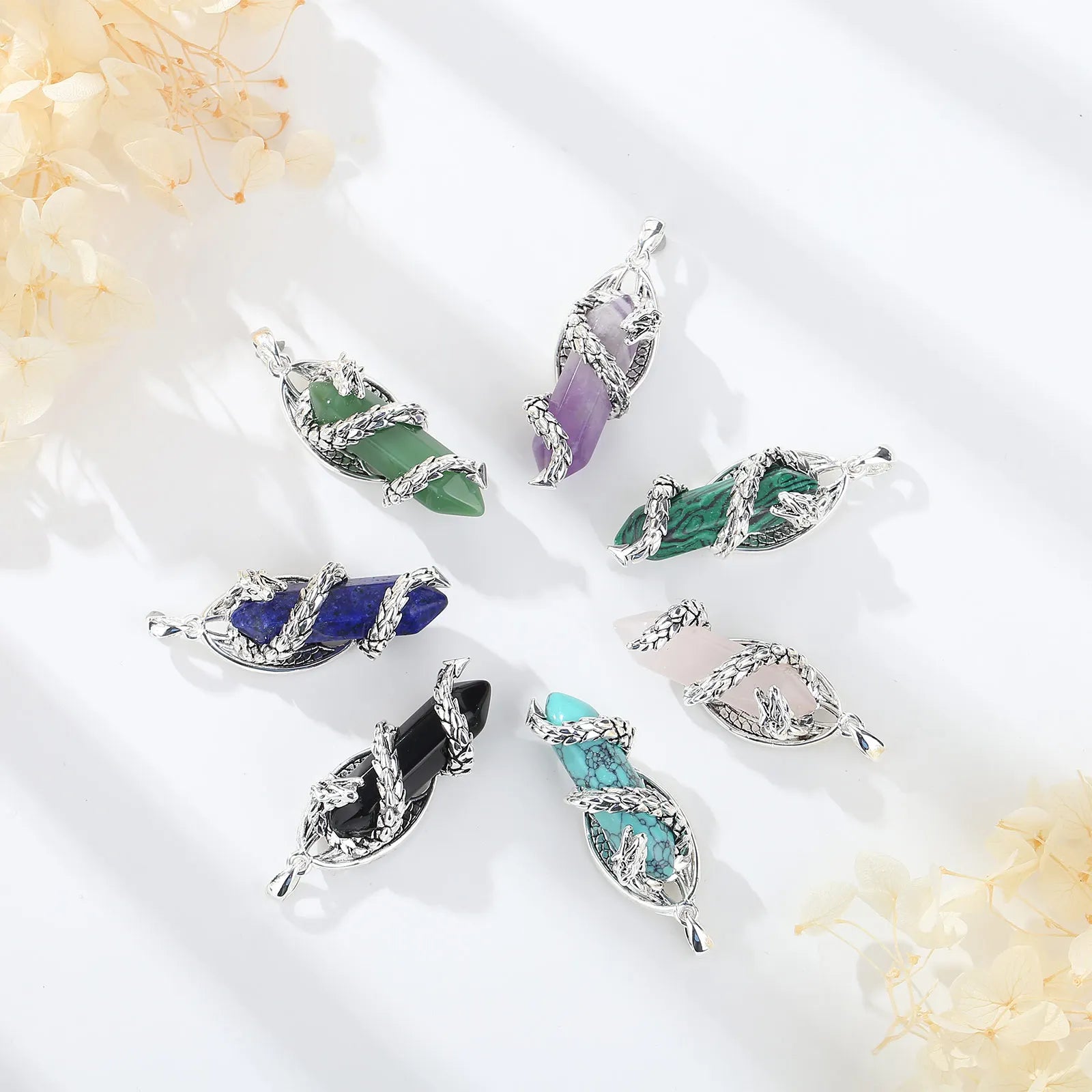 Merryshine Wrapped Dragon Crystal Gemstone Jewelry Spiritual Energy Hexagonal Healing Stone Necklace Pendant for Men