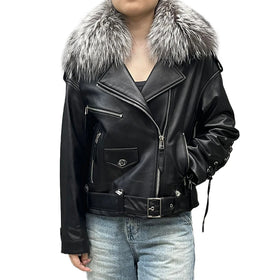 New Coming Silver Fox Fur Collar Leather Coat Women Genuine Sheepskin Leather Jacket