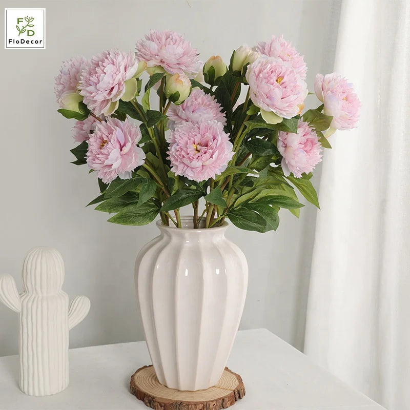 3 Heads Beautiful Concubine Peony Artificial Silk Flowers Long Stem for Home Wedding Table Decoration
