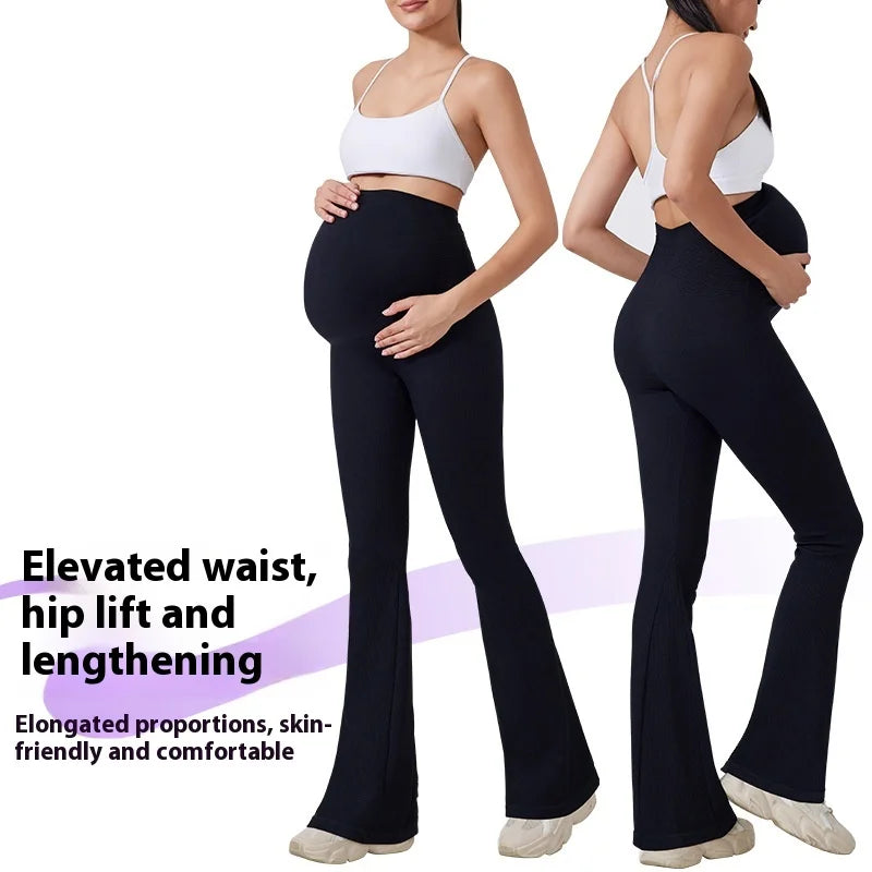 SHINBENE Women High-Waisted Over-the-Belly Pregnancy Workout Yoga Flare Pants Maternity Leggings Elastic Waist Solid Four-Way