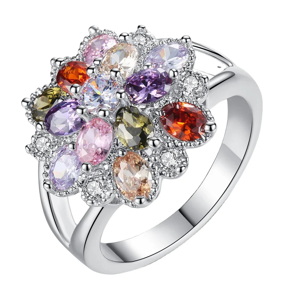 Wholesales Distributor Flower Ring with Colorful Zircon Design for Women Rings Jewelry Gift