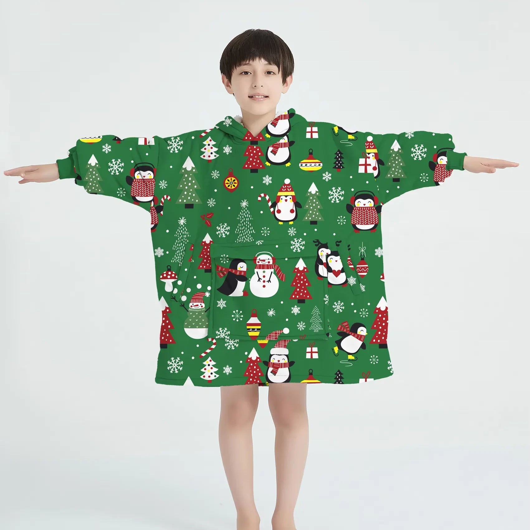 Factory Cheap Cozy Christmas Sherpa Wearable Blanket Hoodie With Sleeves for Kids Oversized Kids Hooded Blanket Sweatshirt