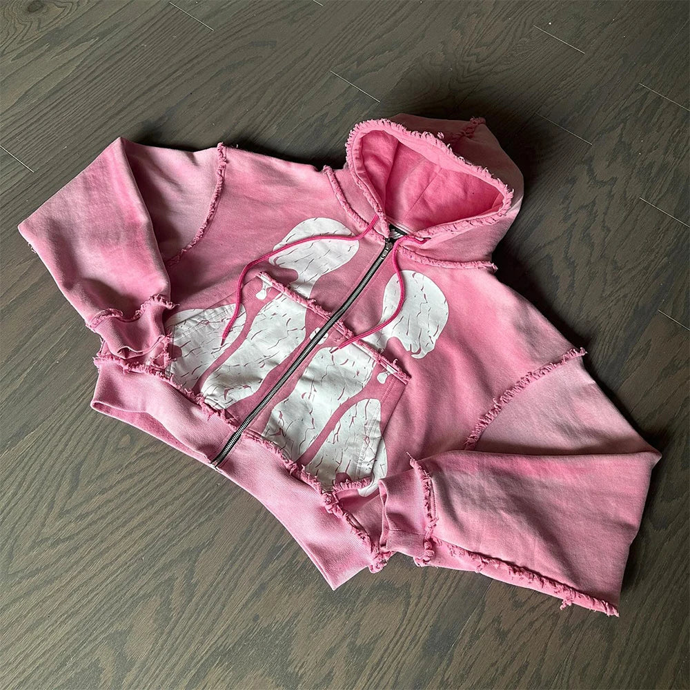 OEM Cut and Sew Garment Custom Screen Printing Stone Washed French Terry Cotton Zip up Distressed Hoodies for Men