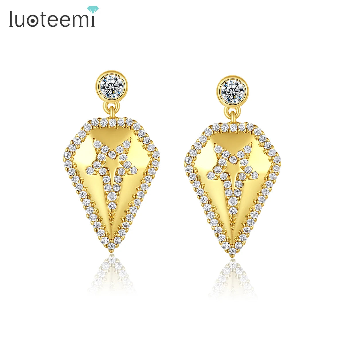 LUOTEEMI Hot Selling Hiphop Mens Jewelry Star CZ AAA Cubic Zirconia Gold Earrings 18K Brass Shield Shape Geometric Earrings