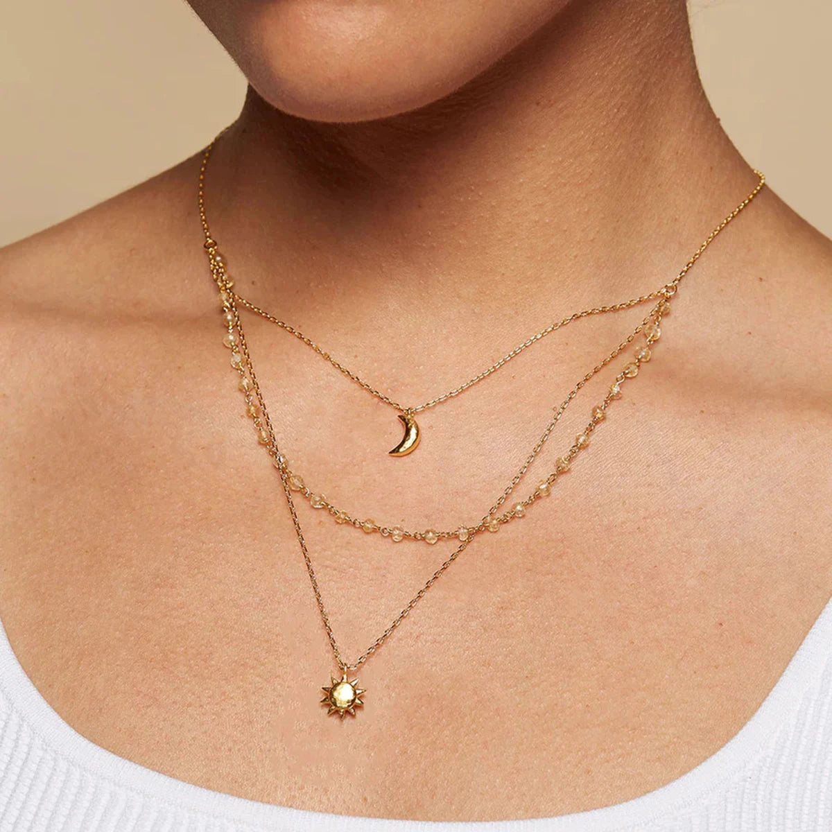 J&D Niche Chic Jewelry 18K Gold Stainless Steel Crystal Star Moon Tassel Three-layer Necklaces for Women