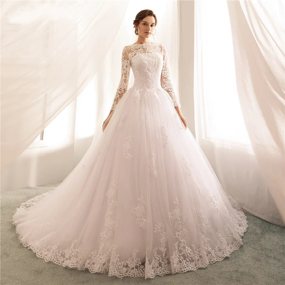 Vestido De Novia Lace Long Sleeve Puffy Tulle Ball Gown Bride Gowns Prom Dress Wedding Dresses