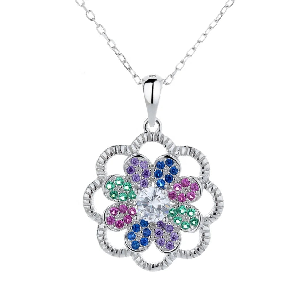 Sterling Silver Multi-cubic Zirconia Floral Pendant Necklace Is a Christmas Gift for Women's Fashion Jewelry