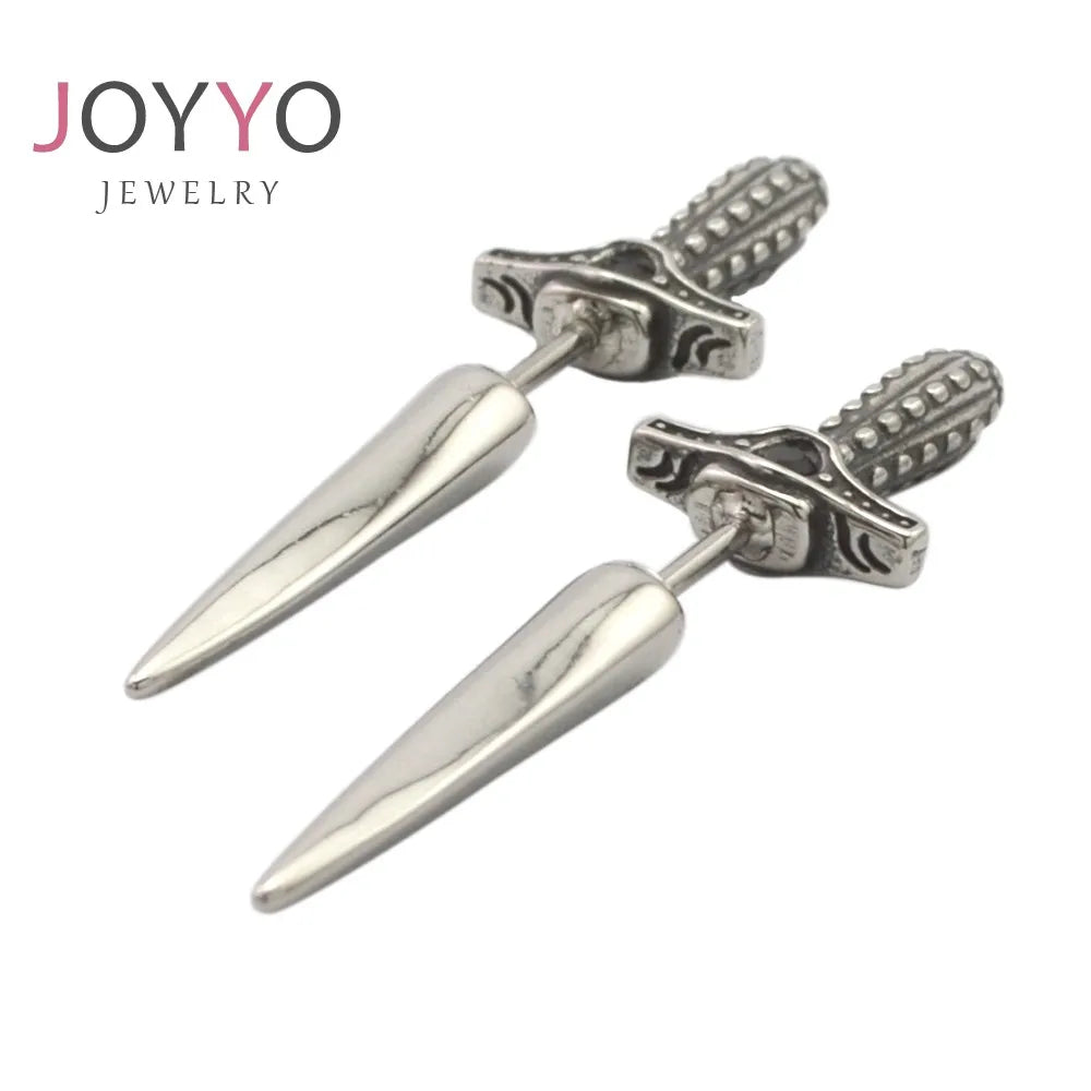 Punk Stainless Steel Jewelry Piercing Screw Black CZ Zircon Diamond Sword Earrings for Men Women