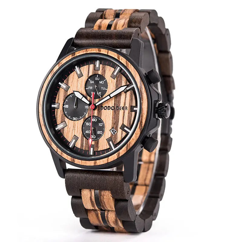 Auto Date Chronograph Handcraft Men Wood Watch Mixed Ebony Sandalwood Wooden Manufacturer Luxury China Round 2021 1pcs