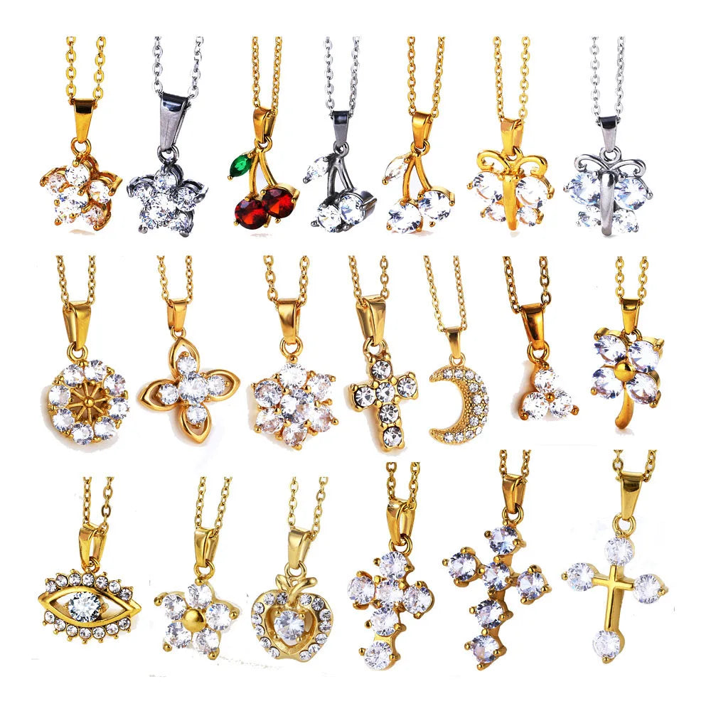 Elegant Crystal Flower Jewelry Stainless Steel Women 18k Gold Plated Cz Tennis Cross Pendant Rhinestones Diamond Cherry Necklace
