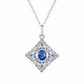 YBO 925 Sterling Silver Necklace with Natural Blue Sapphire Geometric Pattern and Rhodium Plating for Women's Wedding Jewelry