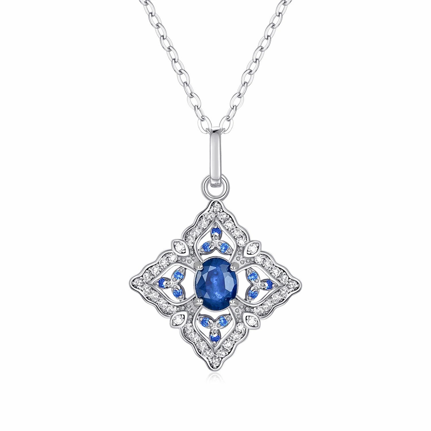 YBO 925 Sterling Silver Necklace with Natural Blue Sapphire Geometric Pattern and Rhodium Plating for Women's Wedding Jewelry