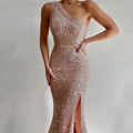 New Women Party Dresses Solid Color Split Long Dresses One Shoulder Sequin Dresses