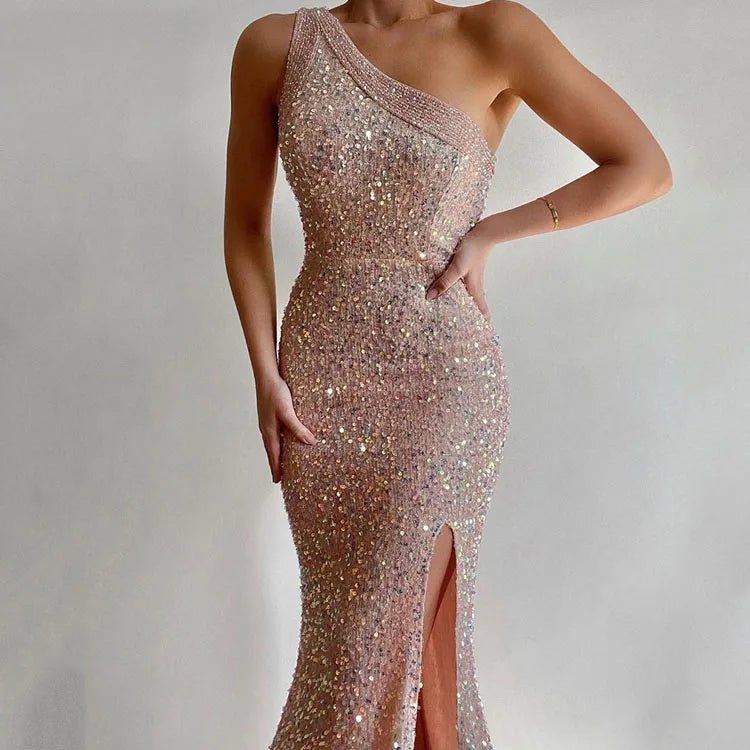 New Women Party Dresses Solid Color Split Long Dresses One Shoulder Sequin Dresses