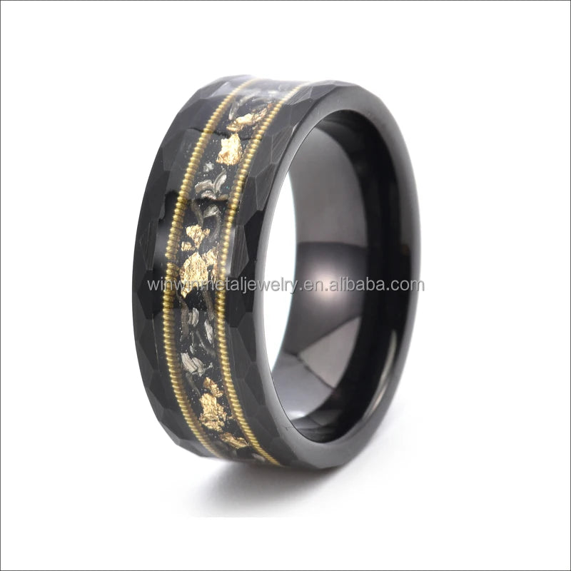 Classic 8mm Hammered Tungsten Wedding Band for Men Engagement Meteorite Gold Leaf Guitar String Inlay Party Anniversary