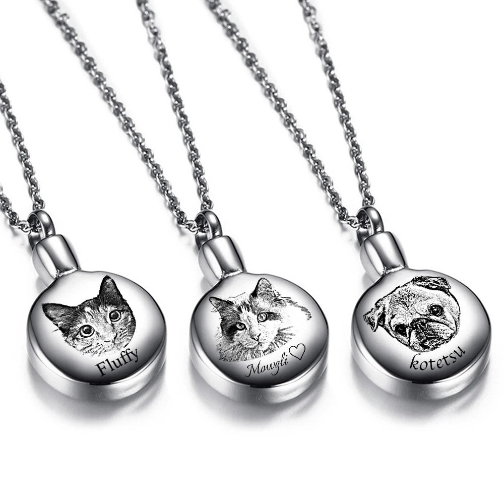Stainless Steel Circular Bone Ash Necklace Pet Pendant Customized DIY Photo avatar for Women and Men's Jewelry